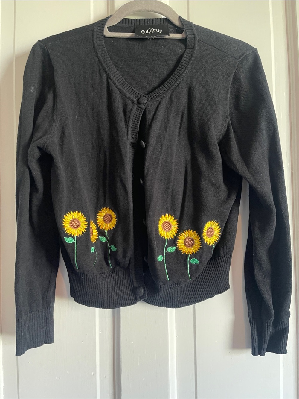 Collectif Black Cardigan with Sunflower Embroidered Hem